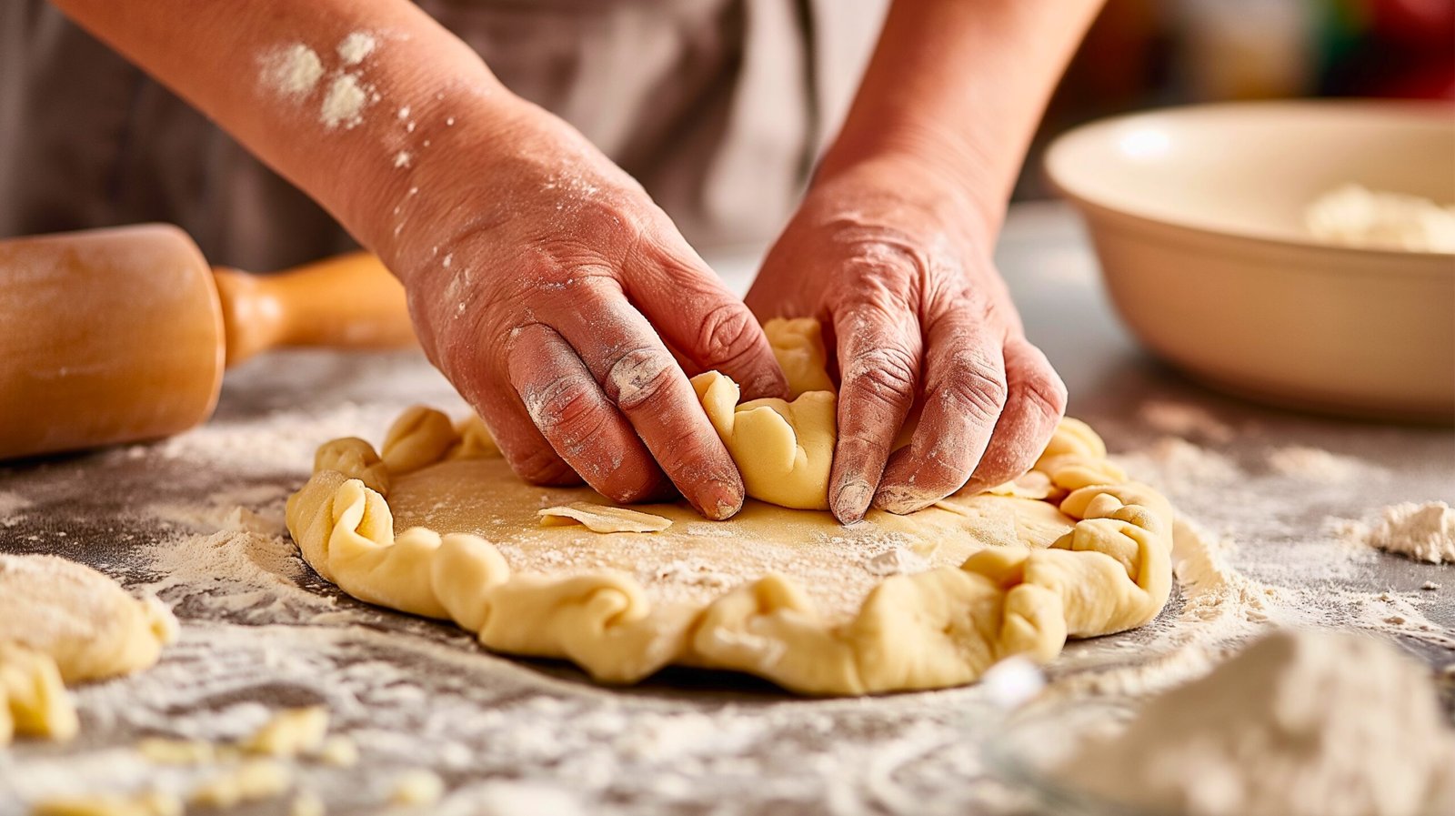 Hands kneading apple pie dough on a floured kitchen counter with a rolling pin and bowl of flour nearby.