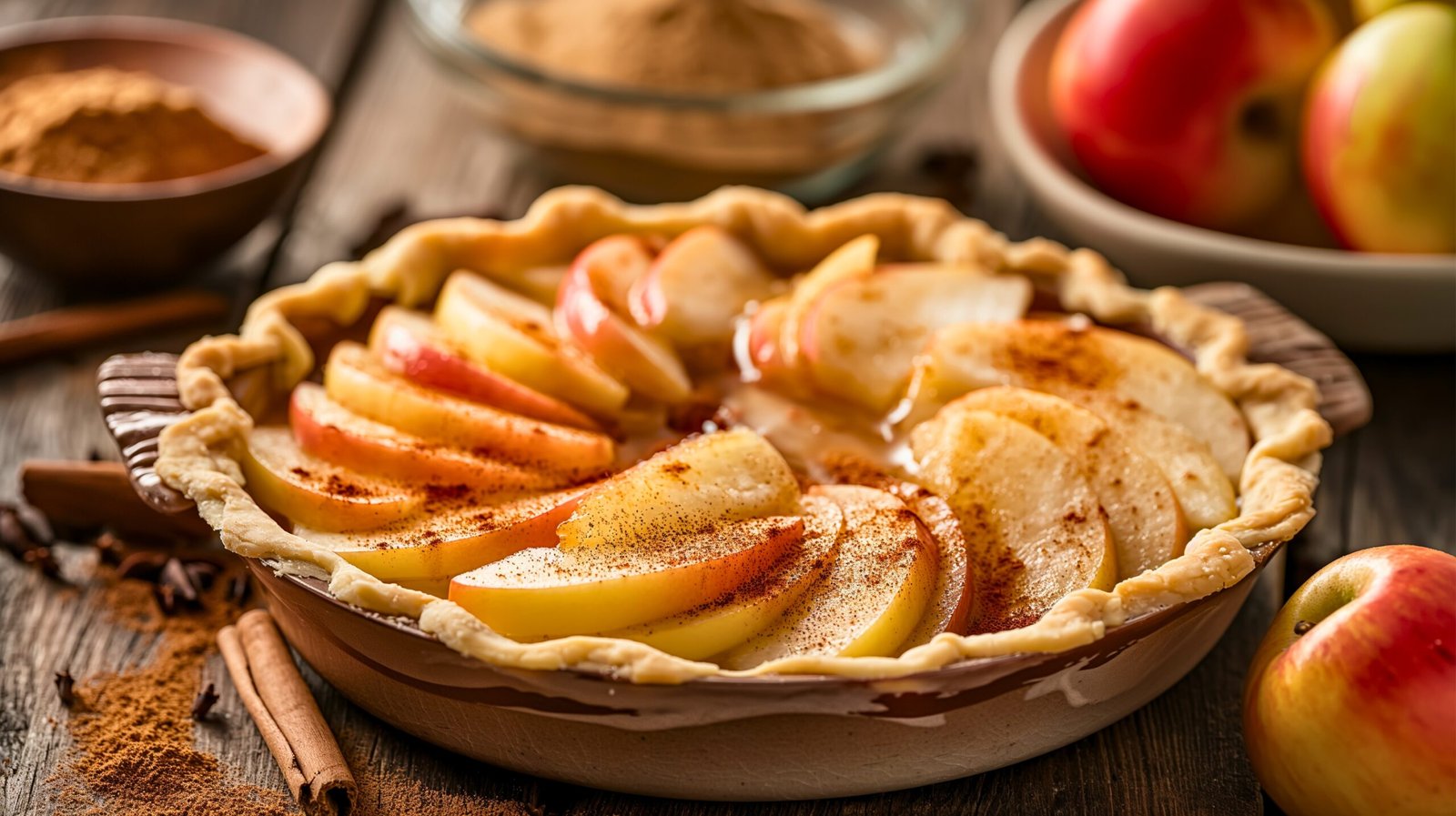 Close-up of apple slices being layered in pie crust with spices for an apple pie.