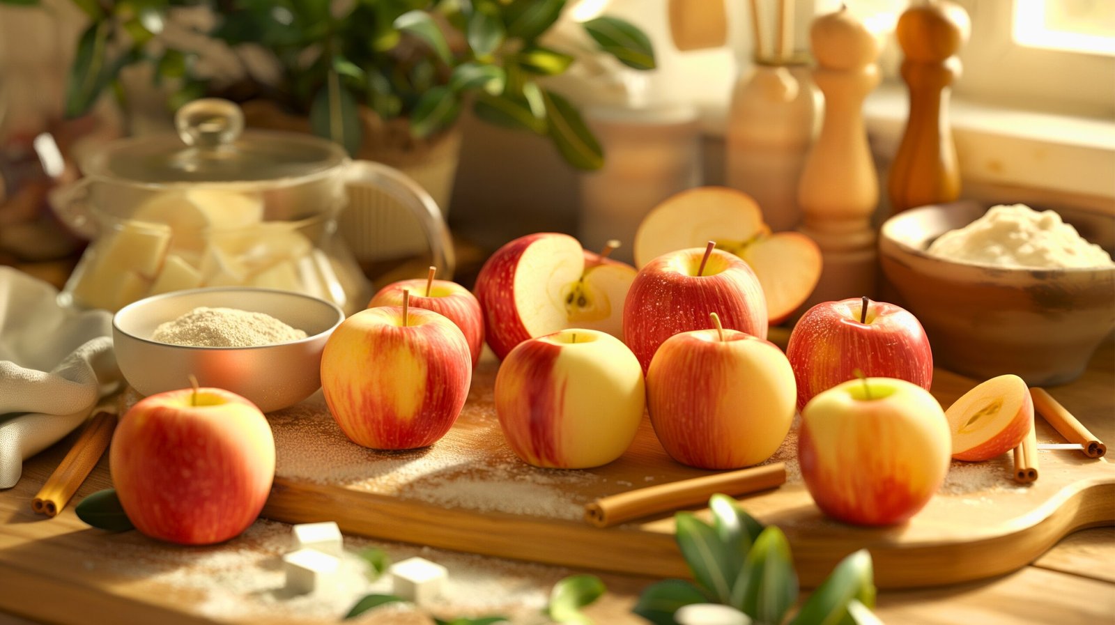 Assorted apple pie ingredients including various apples, flour, sugar, butter, cinnamon, and nutmeg on a kitchen counter.