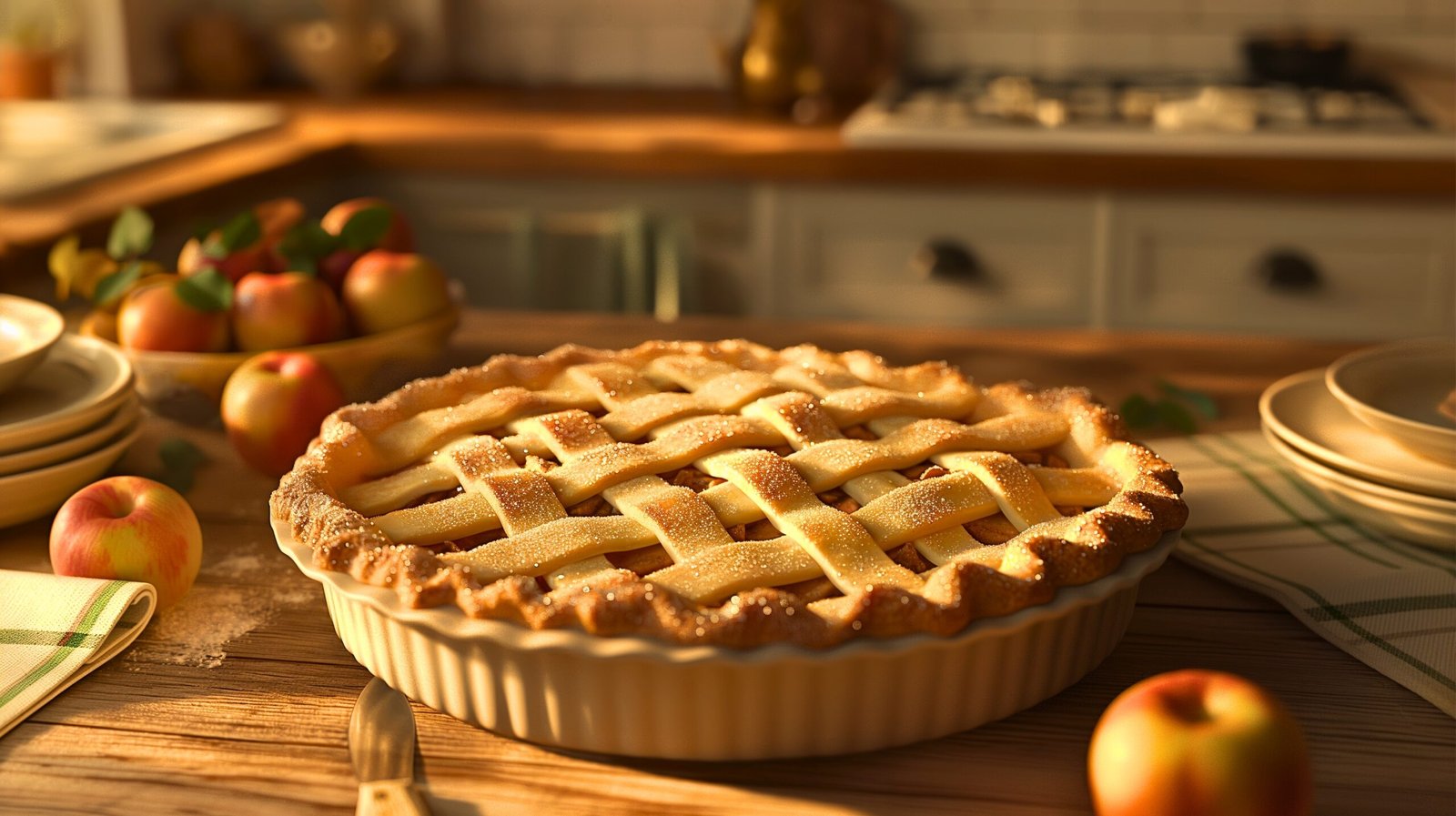 Fully assembled apple pie with latticed crust ready to be baked, showing sugared top for extra texture.