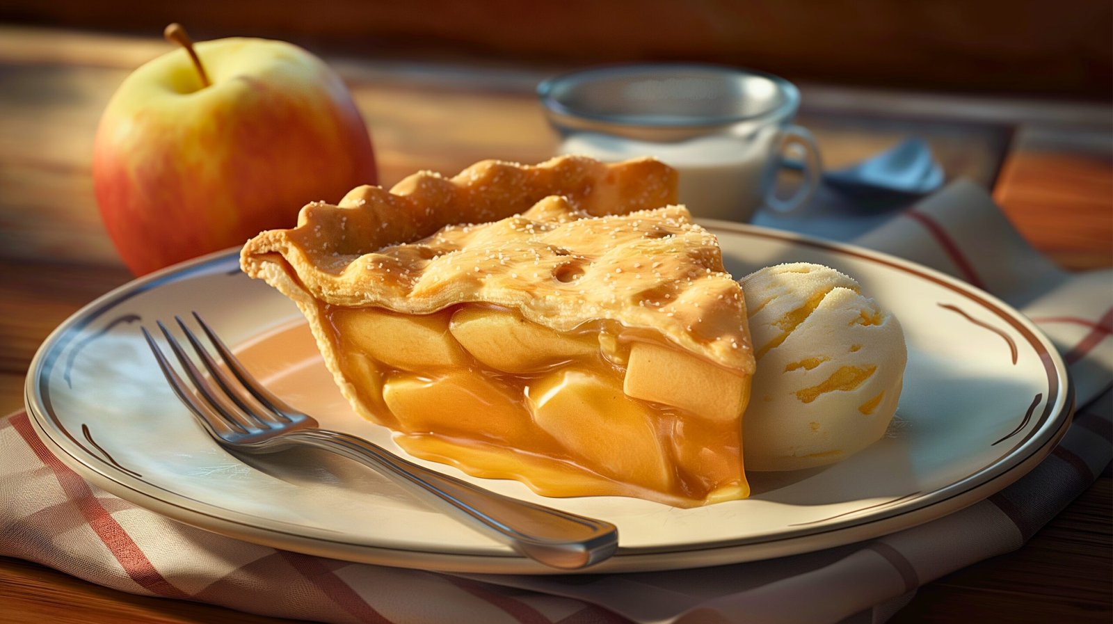 A slice of freshly baked apple pie served with vanilla ice cream on a cozy dining table setting.