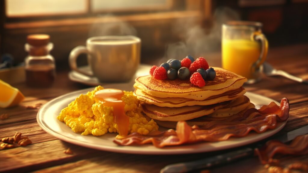 Realistic image of a traditional American breakfast setup on a rustic wooden table, featuring fluffy scrambled eggs, golden-brown hash browns, crispy bacon strips, and buttery pancakes topped with maple syrup and fresh berries. Accompanied by a steaming cup of black coffee and a glass of orange juice, all under the warm morning sunlight filtering through a window.