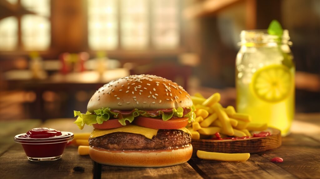 Realistic depiction of a rustic American lunch set inside a barn with exposed wooden beams and natural light. The meal features a classic cheeseburger with sesame seeds on the bun, layers of lettuce, tomato, and melted cheese, accompanied by crispy French fries and a bowl of ketchup. A mason jar filled with iced lemonade, adorned with lemon slices and mint leaves, completes the scene. The setting emphasizes a cozy, countryside atmosphere with a rugged wooden table and a warm, inviting feel.