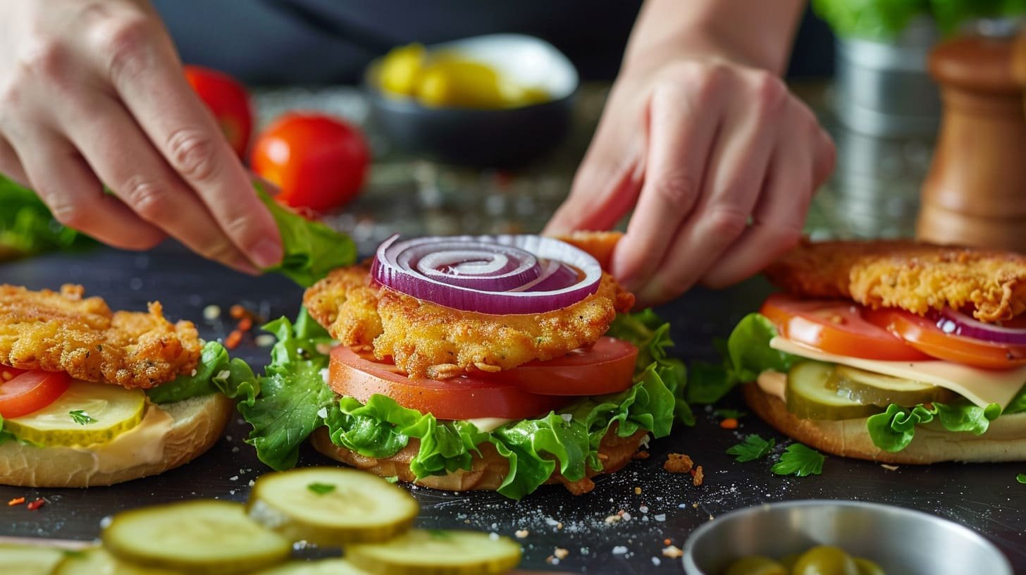 Step-by-step assembly of a pork schnitzel sandwich, with hands placing lettuce, schnitzel, tomato slices, red onion, pickles, and cheese on a toasted bun.