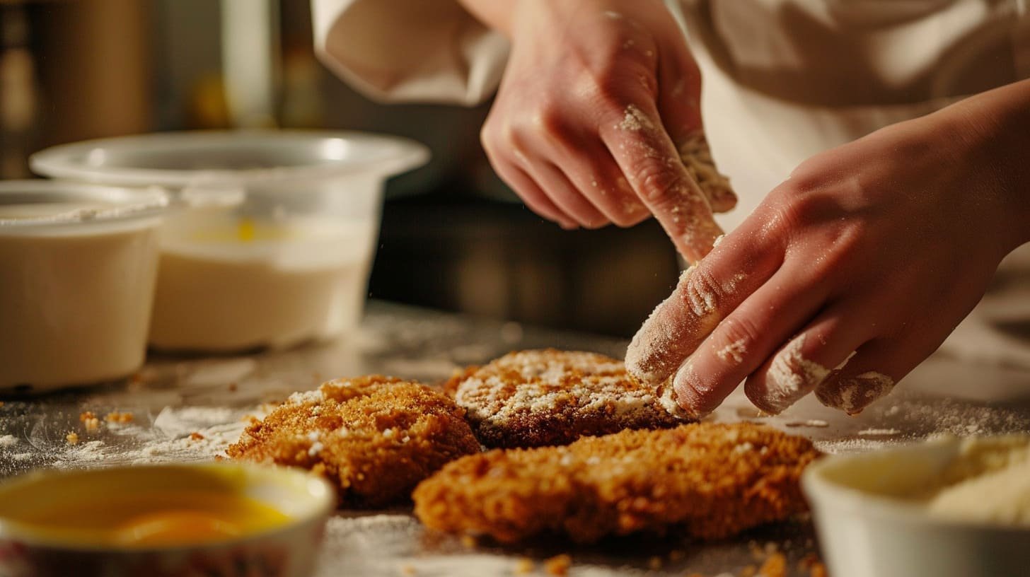 Hands breading a pork cutlet, dipping it into egg wash with bowls of flour and breadcrumbs in the background.