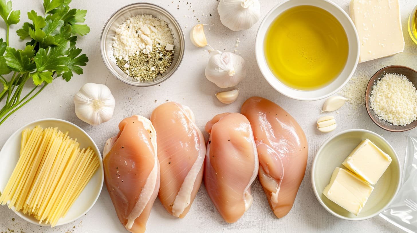 Ingredients for Chicken Alfredo Recipe including chicken breasts, heavy cream, Parmesan cheese, garlic, and fettuccine on a kitchen counter.