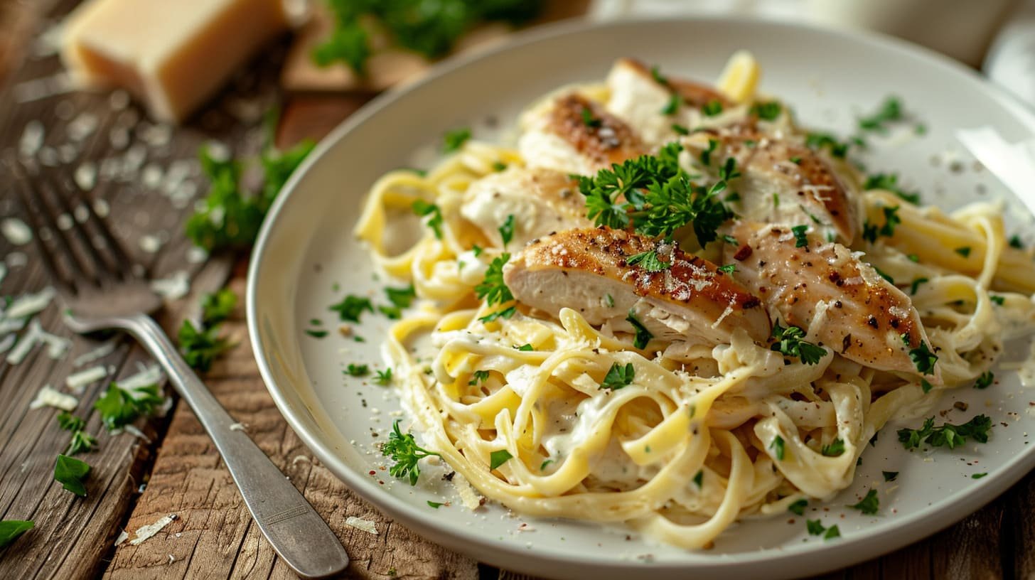 Elegantly plated Chicken Alfredo garnished with fresh parsley and extra grated Parmesan on a rustic wooden table.