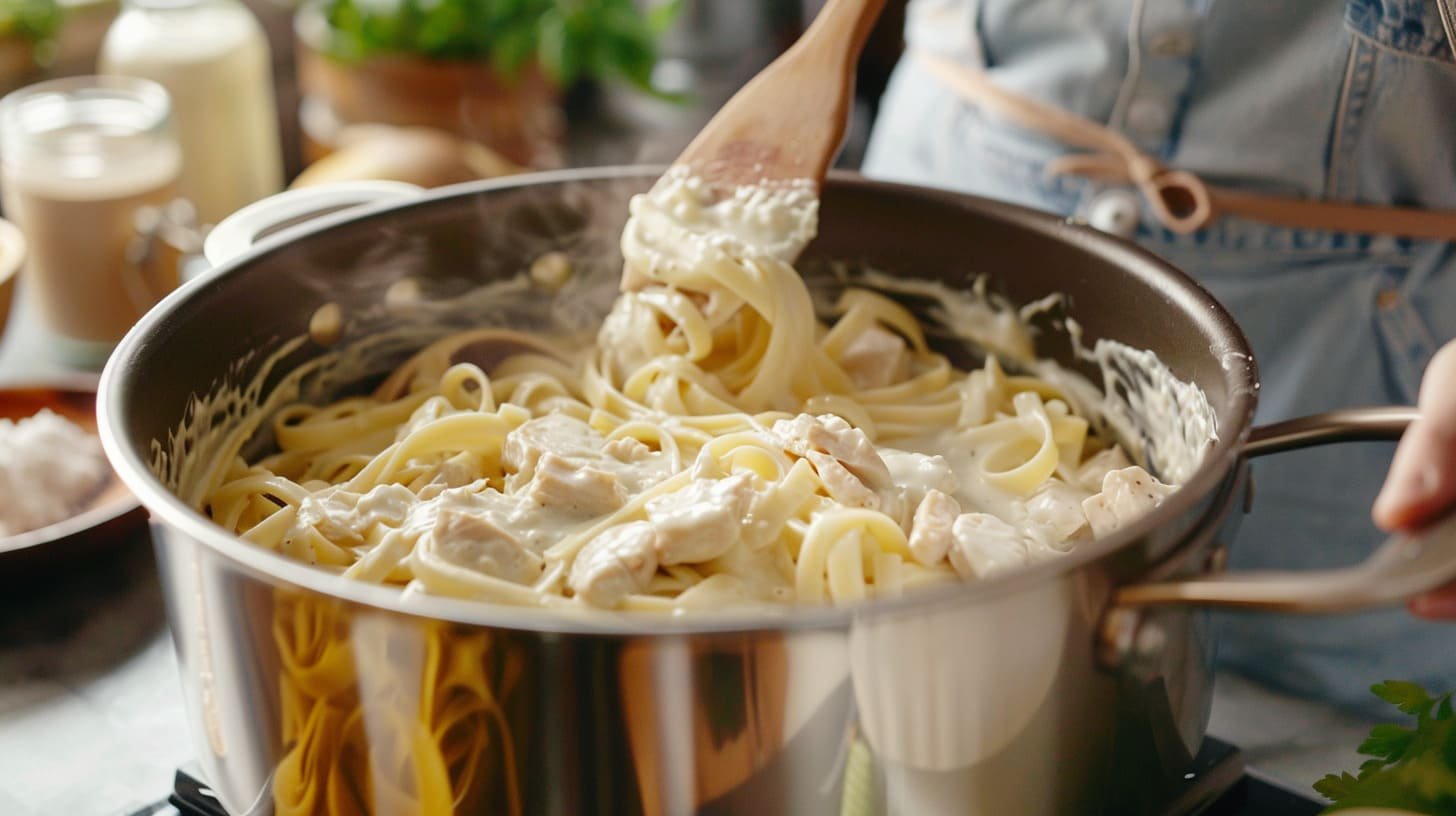 Combining cooked fettuccine pasta with creamy Alfredo sauce and sliced chicken in a large pot.