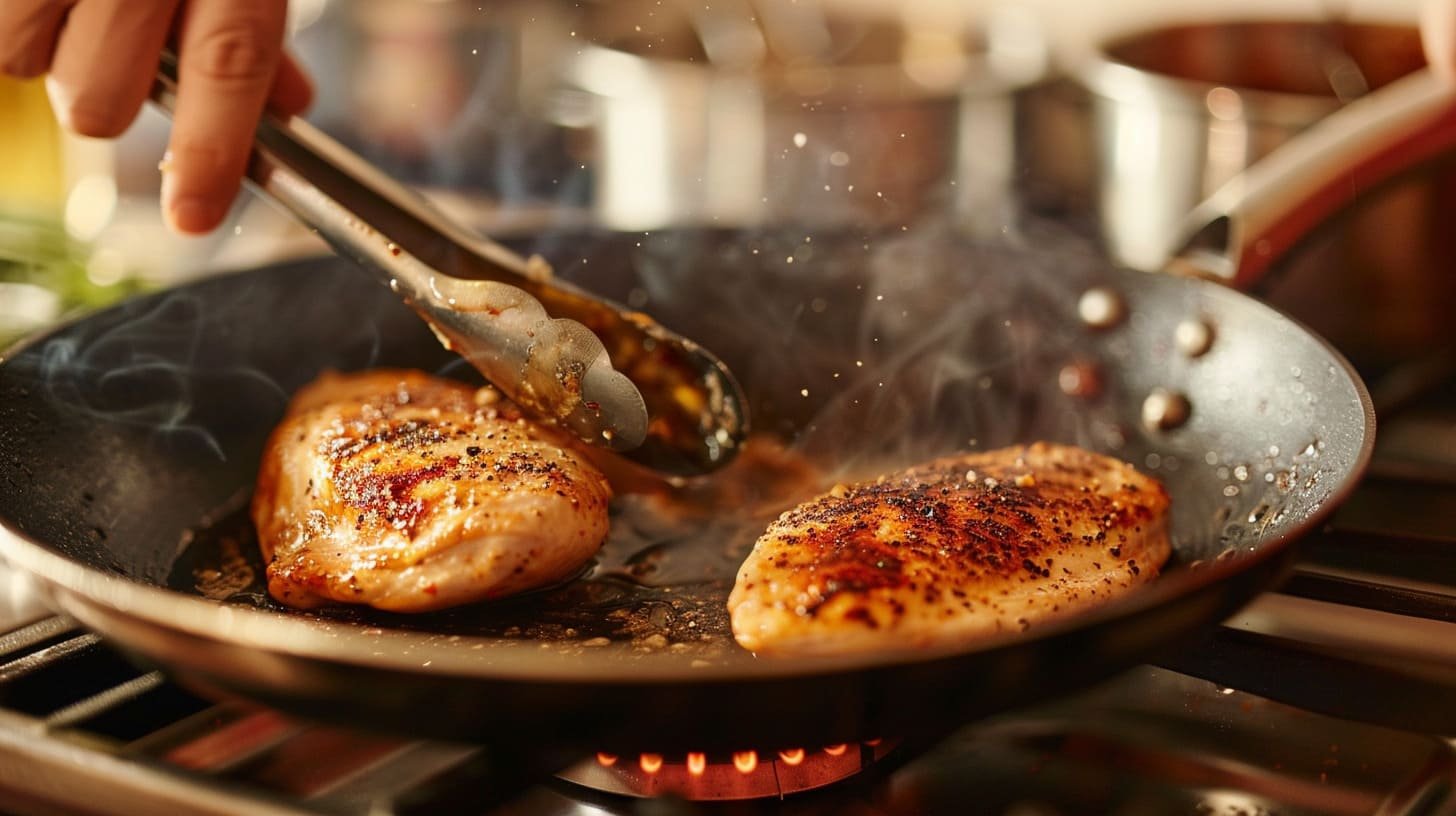 Sautéing chicken breasts in a skillet for Chicken Alfredo, showing golden brown chicken being flipped with tongs.