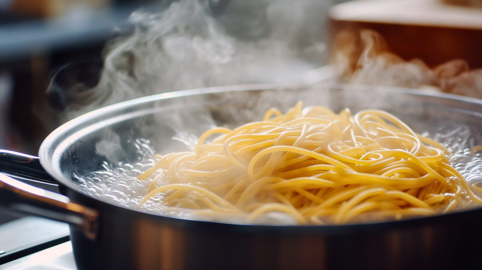 Boiling spaghetti in a large pot, steam rising, capturing the cooking process of pasta.