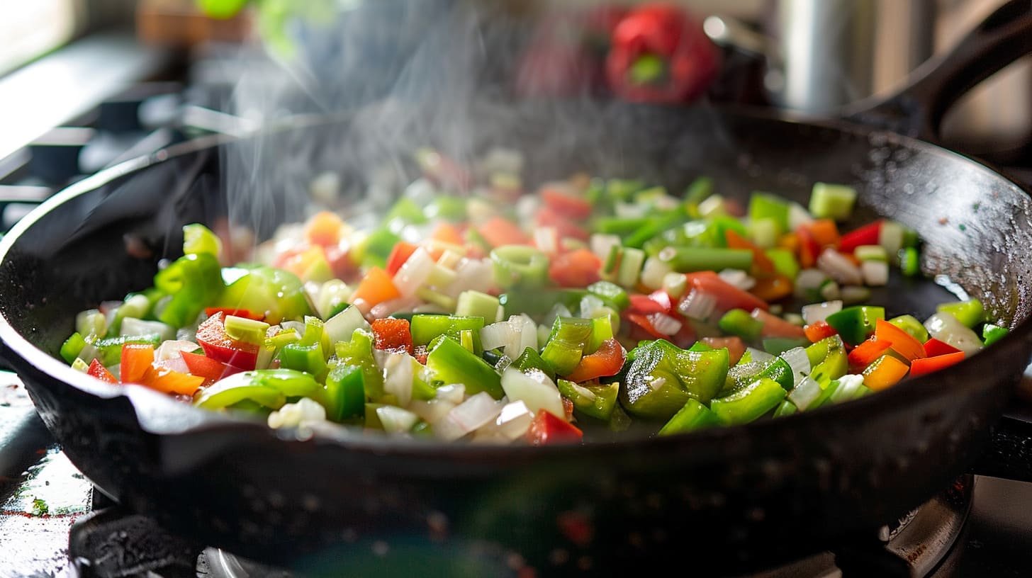 Onions, green bell pepper, and celery being cooked with the roux in a skillet, forming the base of Shrimp Étouffée.