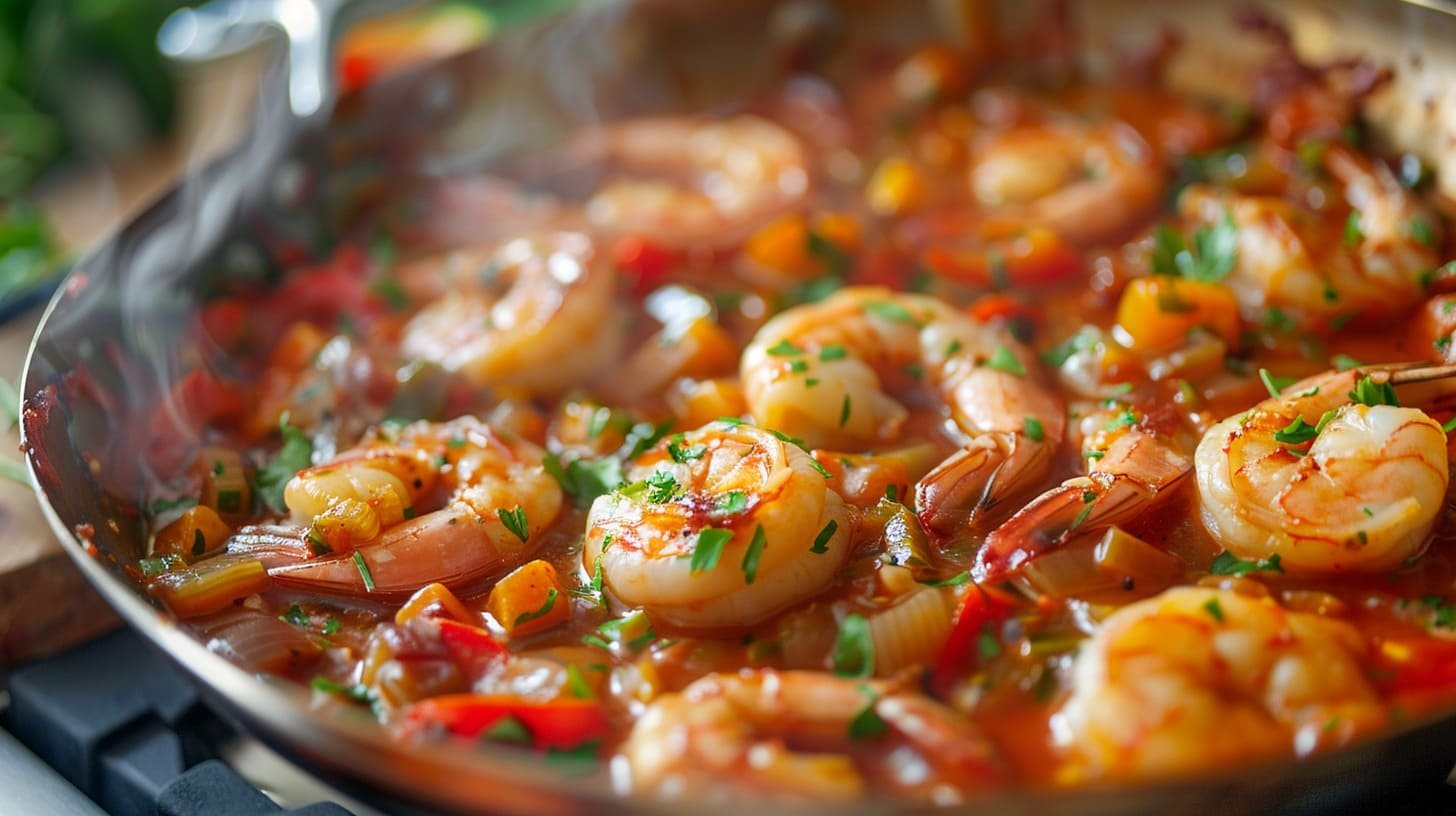 Shrimp Étouffée simmering in a skillet, with shrimp and thick sauce made from tomatoes and spices.