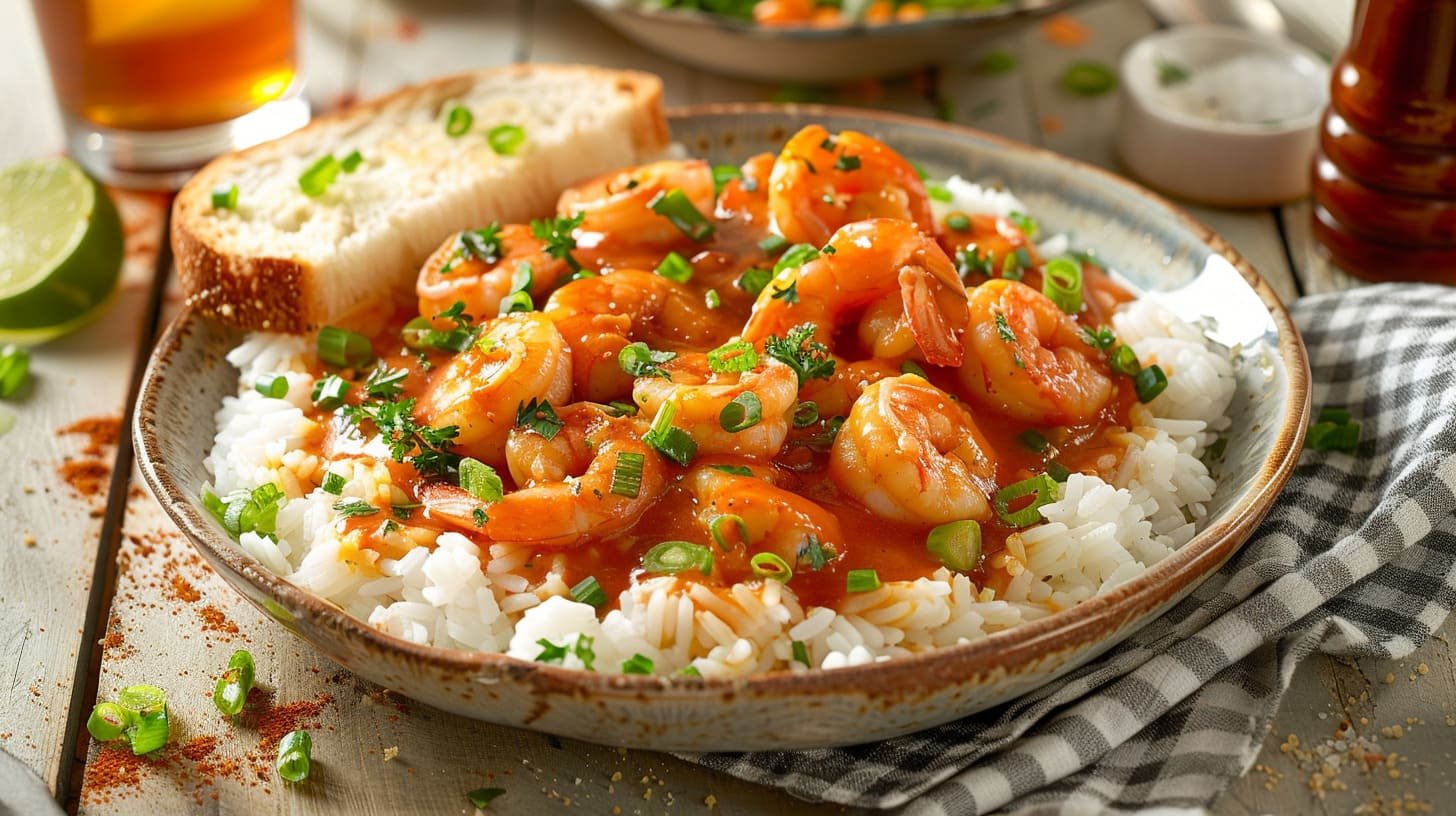 Finished plate of Shrimp Étouffée served over white rice, garnished with green onions and parsley, with a slice of rustic bread on the side.