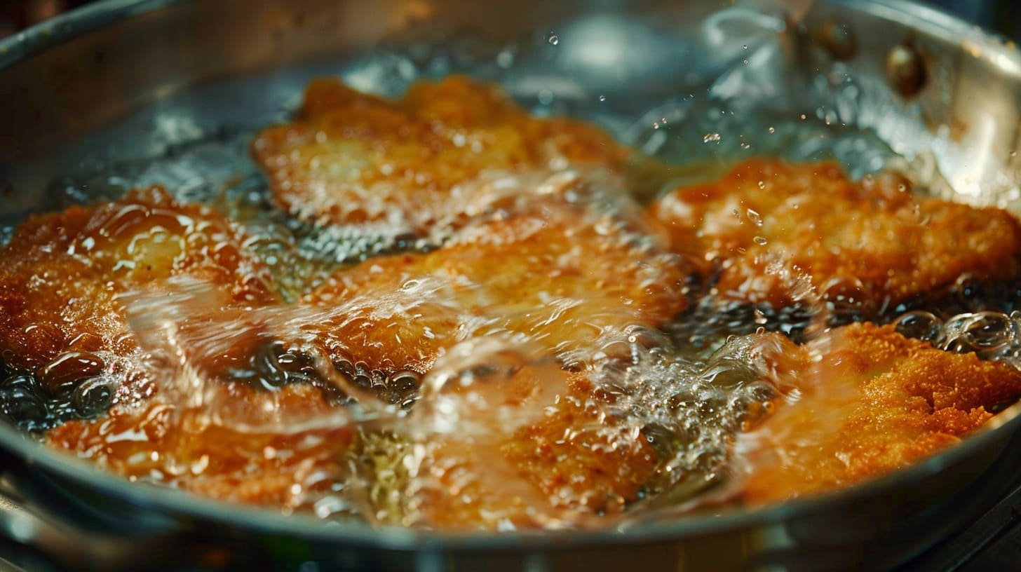 Pork schnitzels frying in a skillet with bubbling oil, golden brown and crispy.