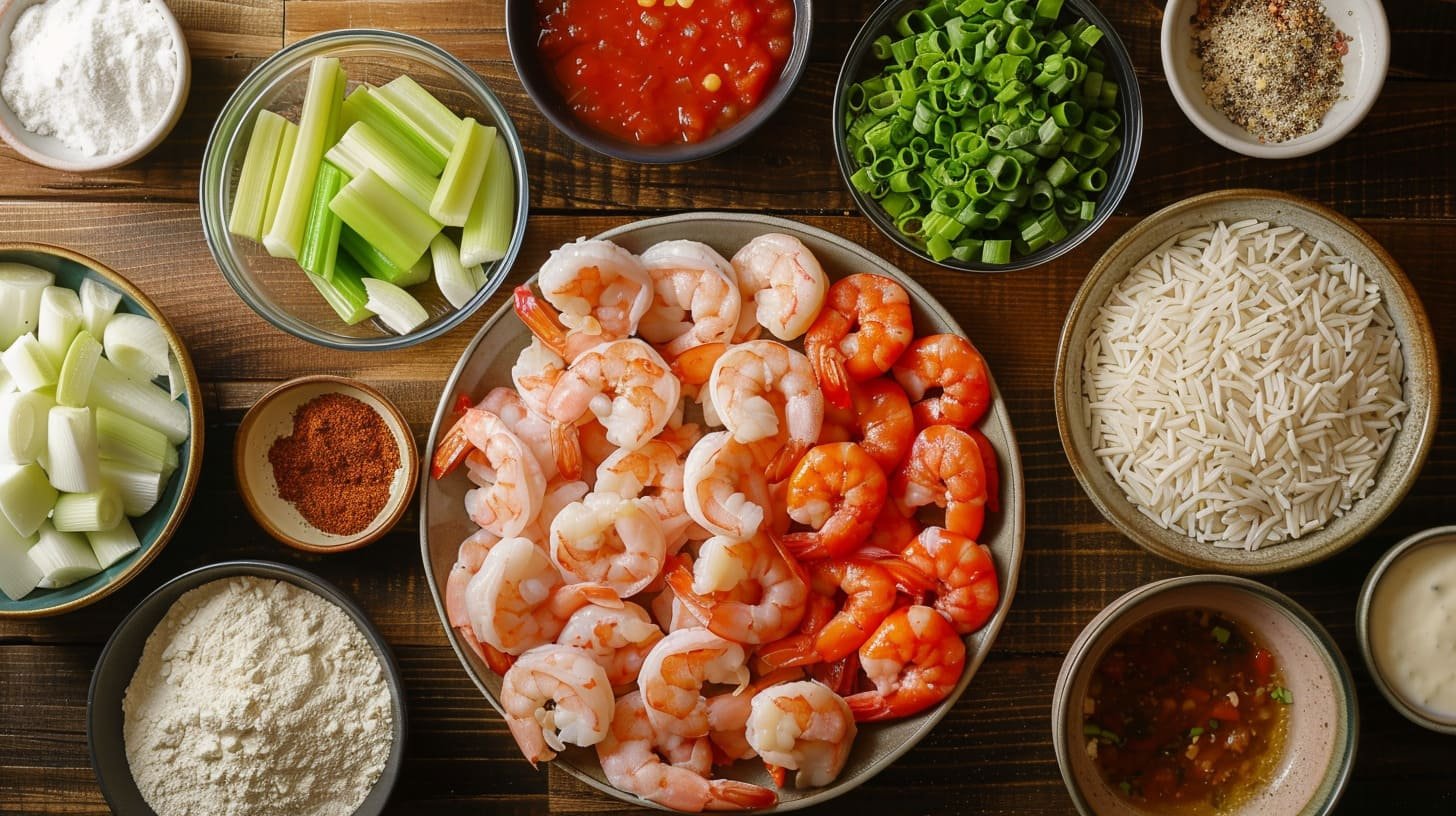 Ingredients prepared for Shrimp Étouffée recipe, including shrimp, chopped vegetables, spices, and cooked white rice.