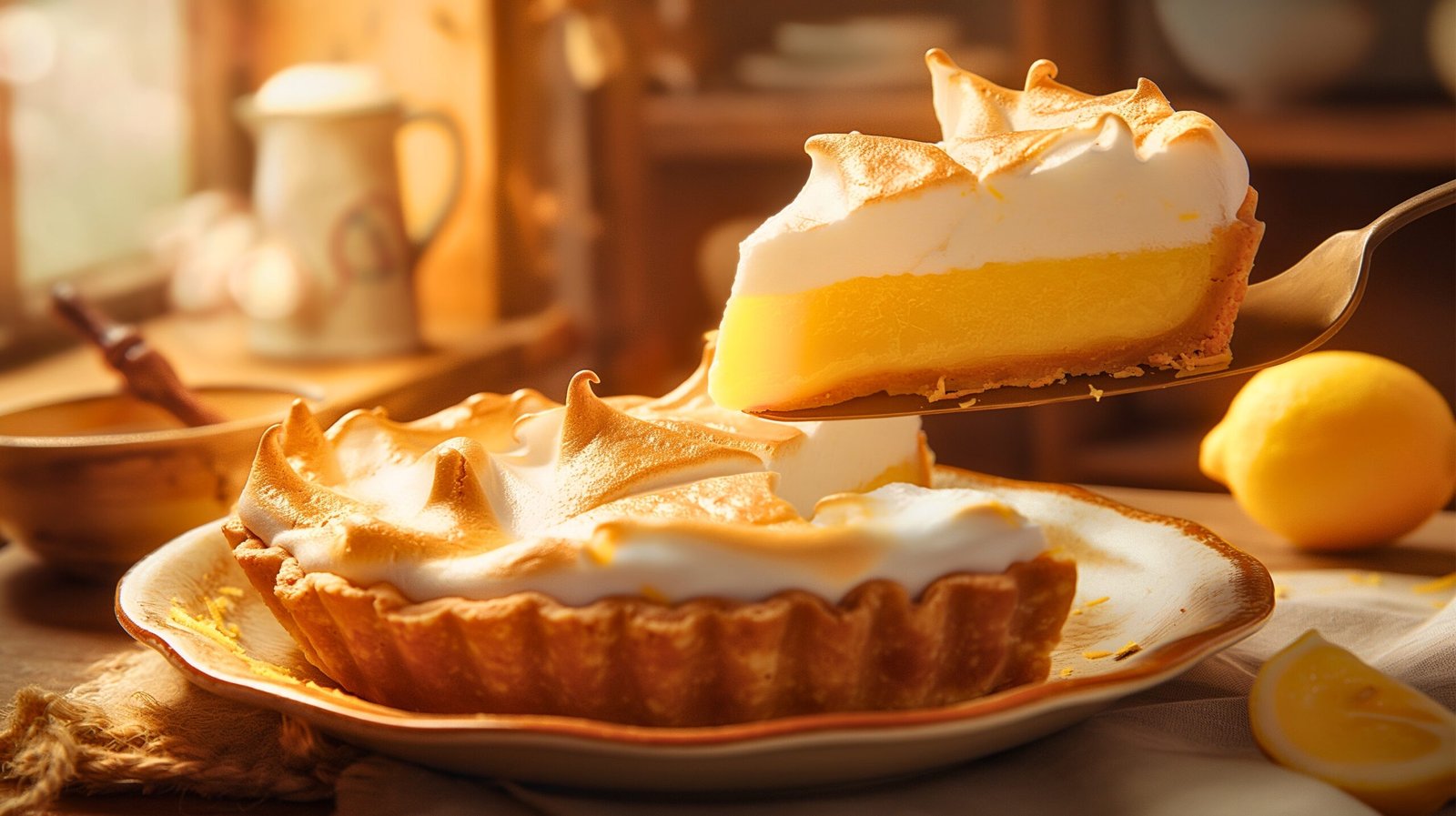 Completed Lemon Meringue Pie on a serving plate with a slice being lifted to show perfect layers of crust, lemon filling, and fluffy meringue.