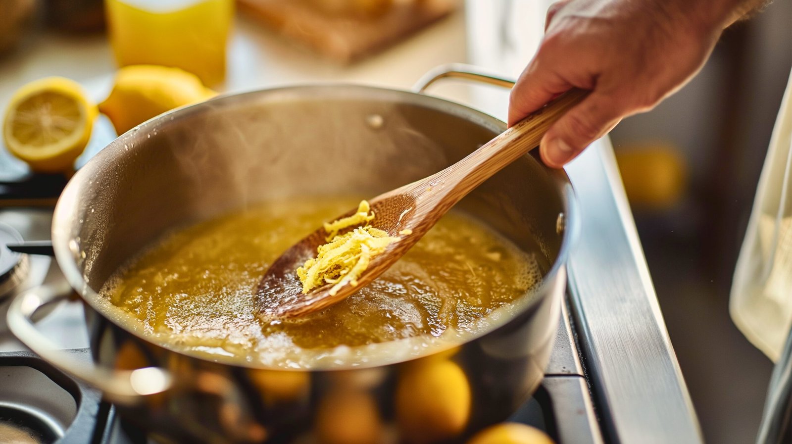 Preparing lemon filling for Lemon Meringue Pie, with fresh lemon juice and zest being stirred into a pot on the stove.