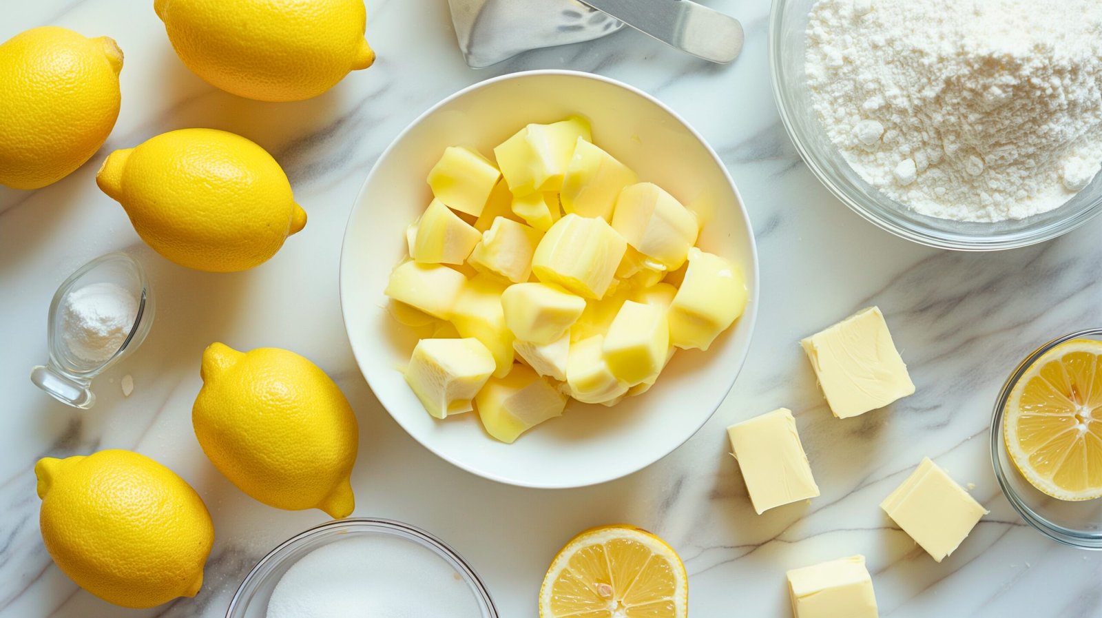 Assorted ingredients for Lemon Meringue Pie displayed on marble kitchen counter, including lemons, eggs, flour, sugar, and butter.