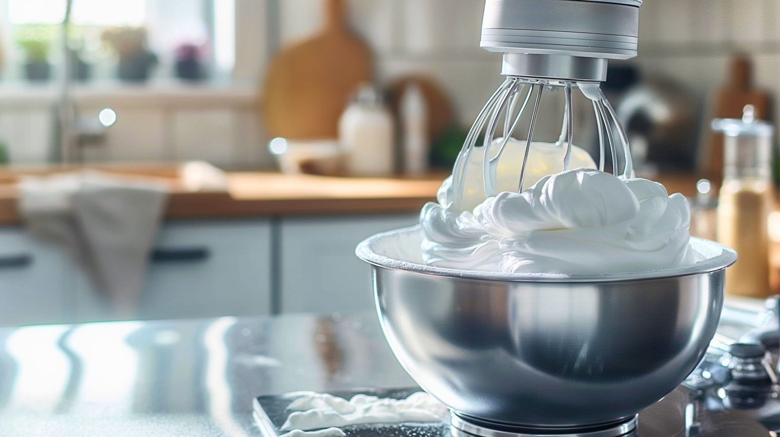 Whipping egg whites into stiff peaks for Lemon Meringue Pie meringue in a stainless steel bowl with a modern mixer.