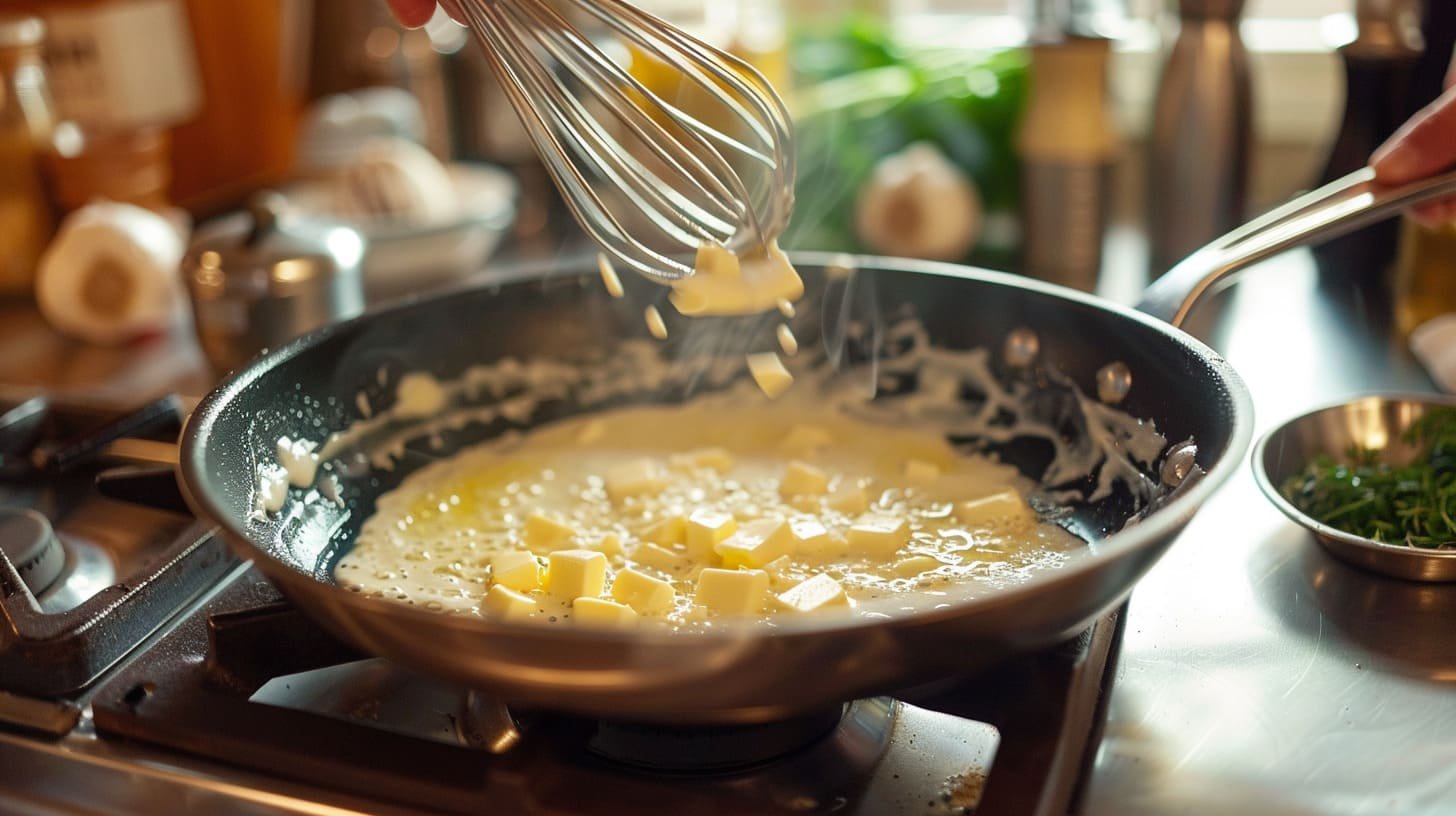 Preparing creamy Alfredo sauce in a skillet with butter, garlic, and heavy cream being whisked together.