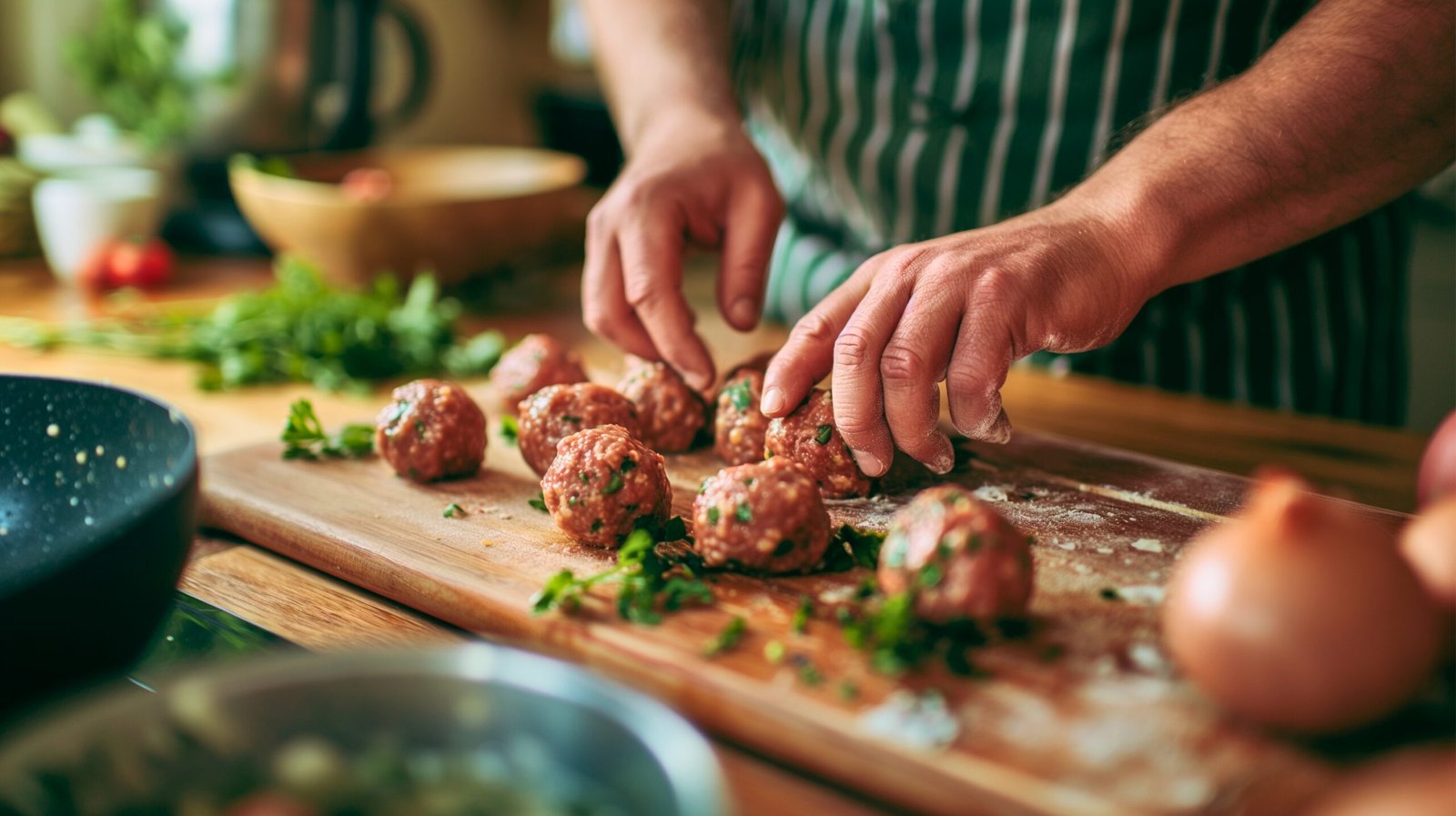 Hands forming meatballs for spaghetti on a wooden cutting board, showcasing the preparation process.