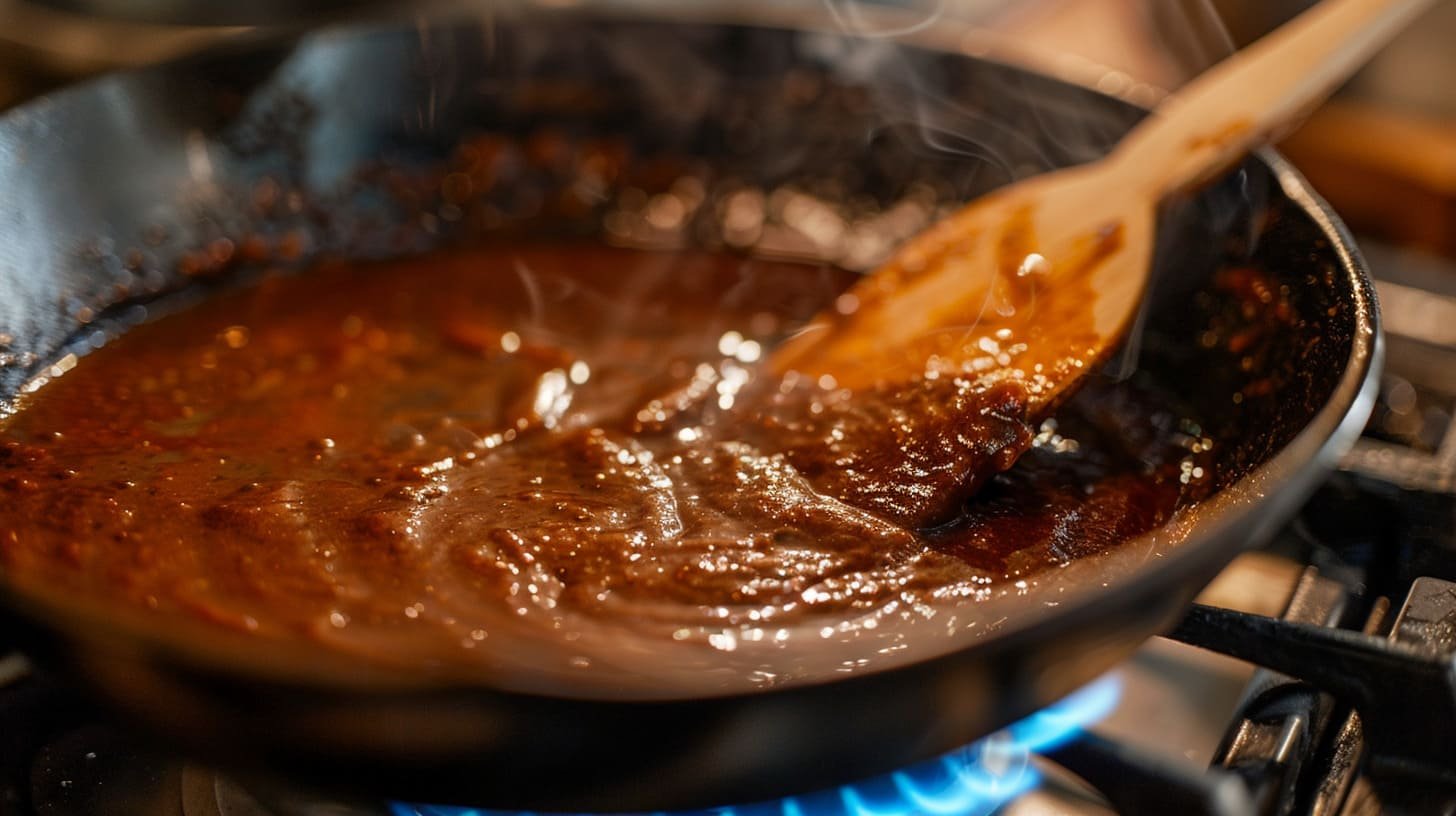 Preparing the roux for Shrimp Étouffée in a cast iron skillet, being stirred with a wooden spatula.