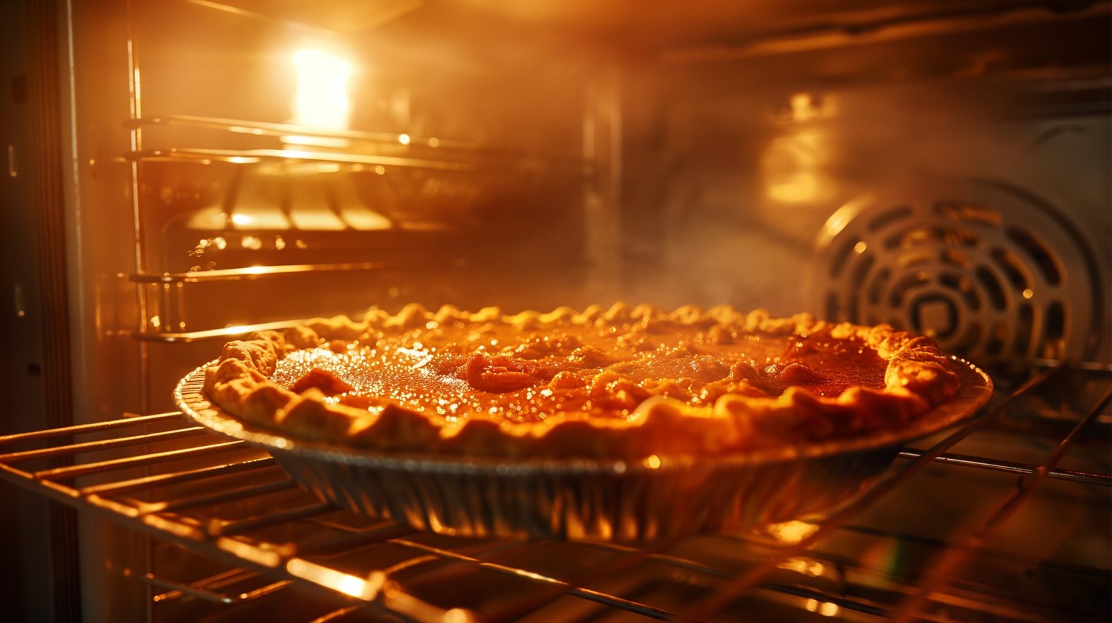 Pumpkin pie baking in the oven, viewed through the oven door as it begins to brown.