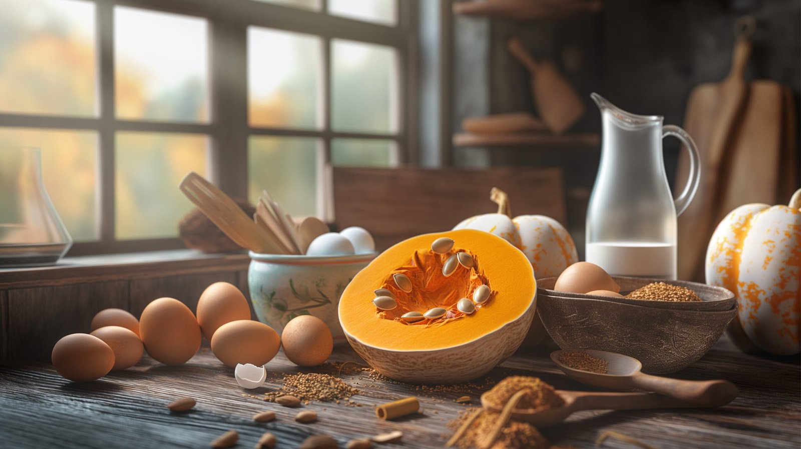 Artistically arranged pumpkin pie ingredients on a wooden surface including pumpkin, eggs, and spices.