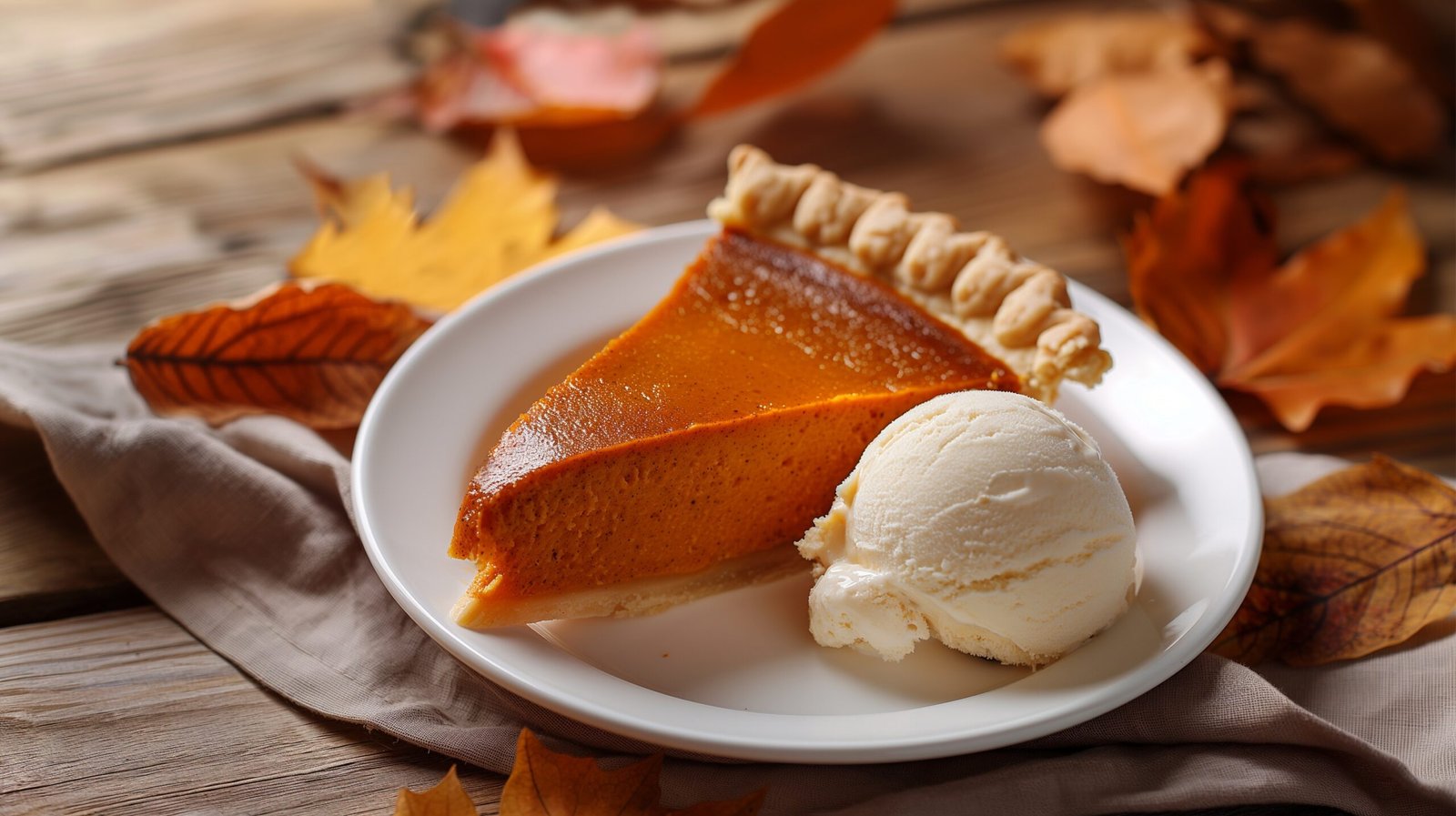 Slice of pumpkin pie served with vanilla ice cream and autumn leaves decoration on a rustic table.