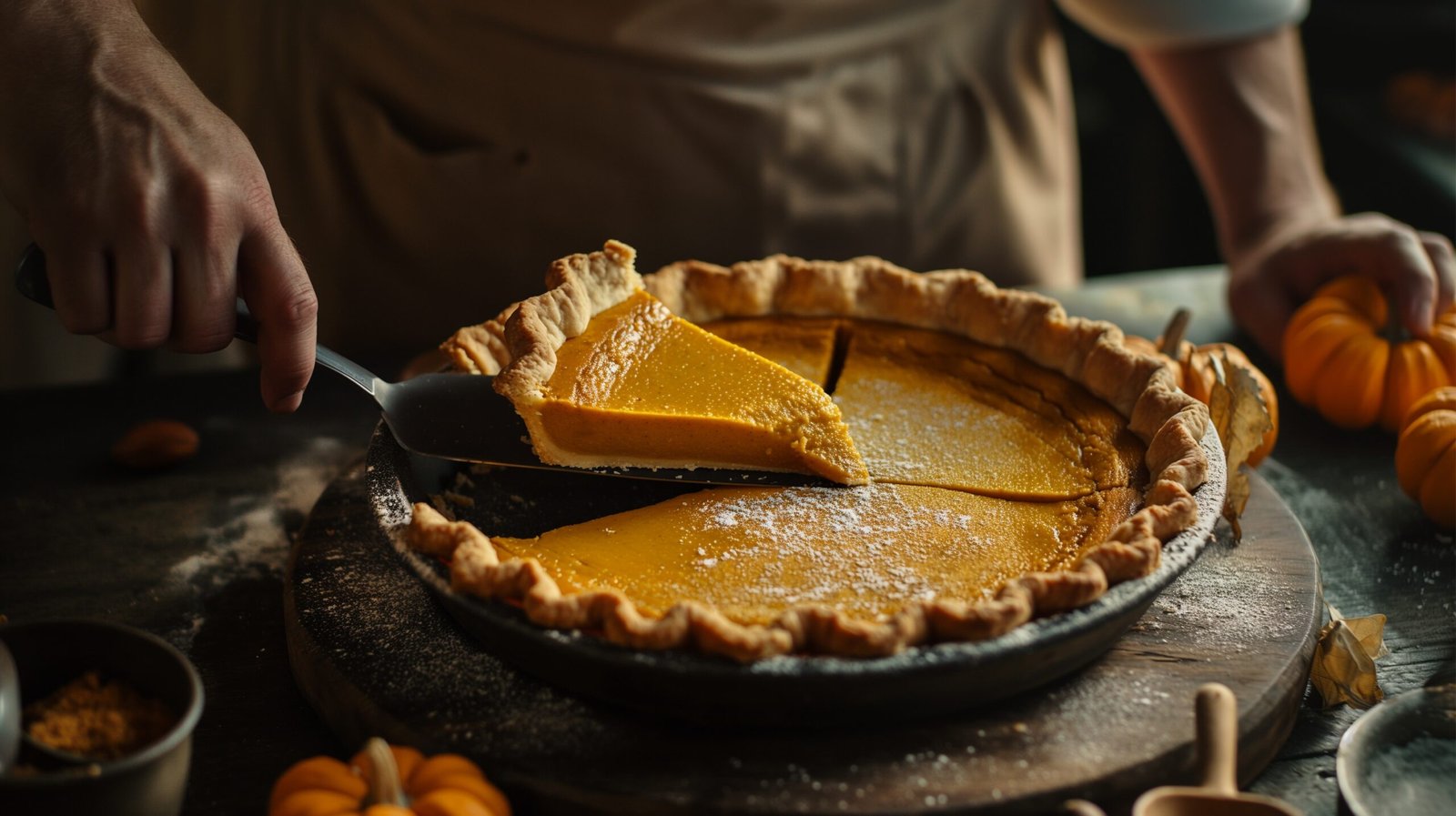 Whole pumpkin pie on a rustic table with a slice being lifted, showcasing creamy filling.