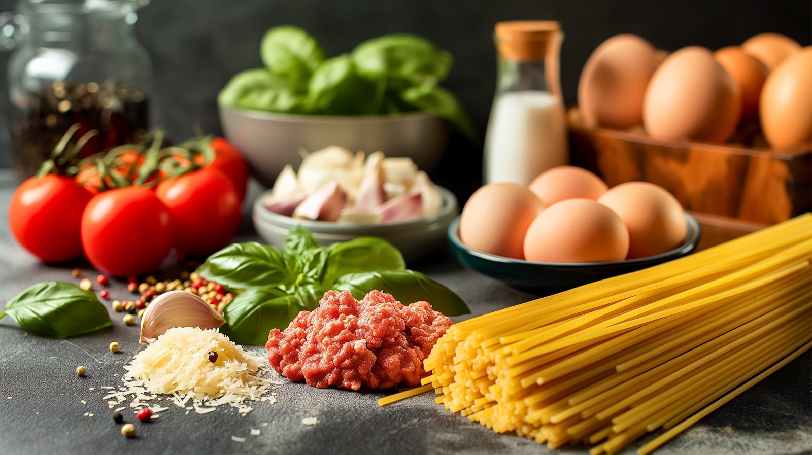 Variety of fresh ingredients for Spaghetti With Meatballs Recipe including ground beef, tomatoes, garlic, and herbs on a kitchen table.