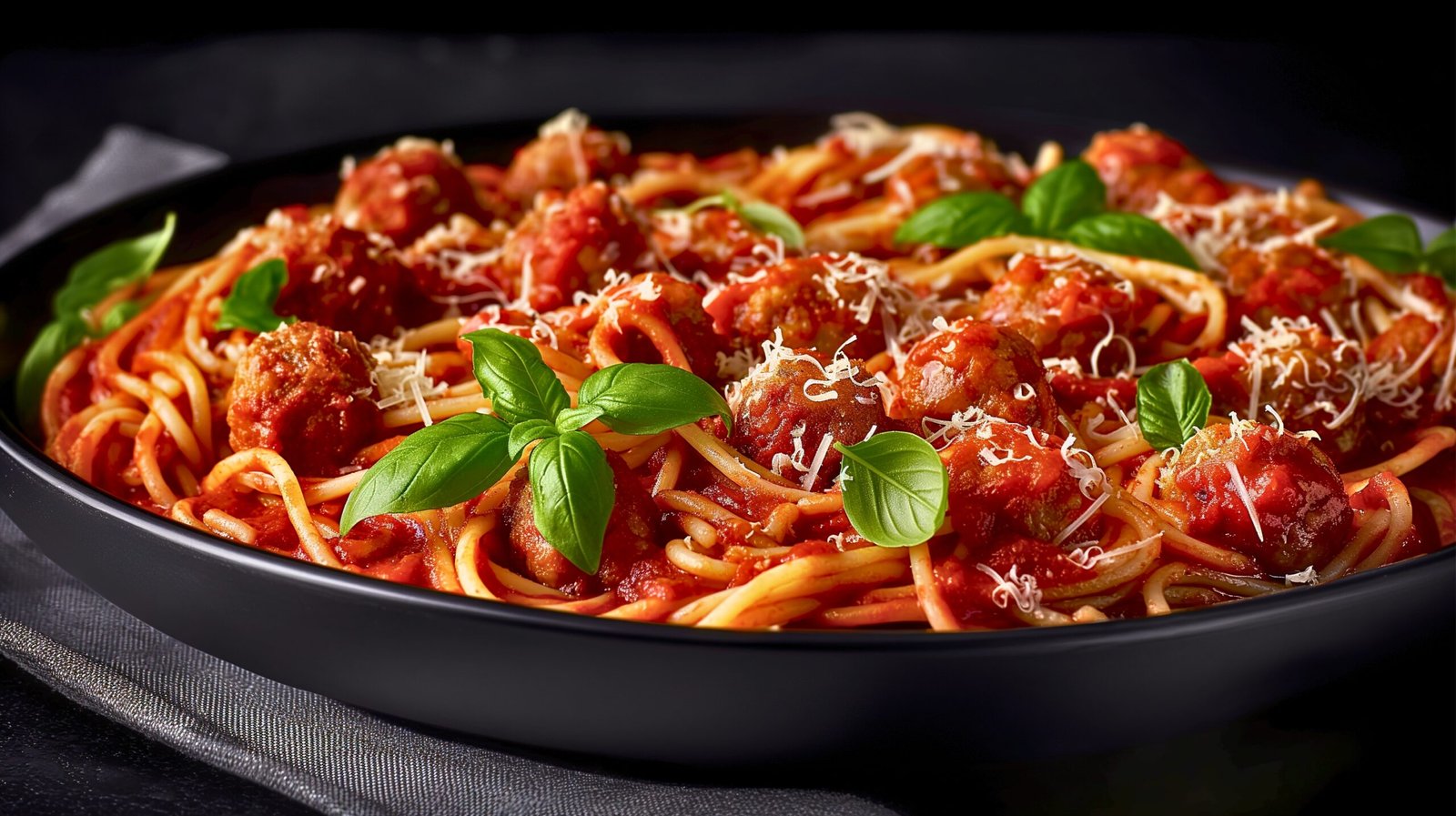 A beautifully served plate of spaghetti and meatballs topped with tomato sauce and garnished with Parmesan and basil.