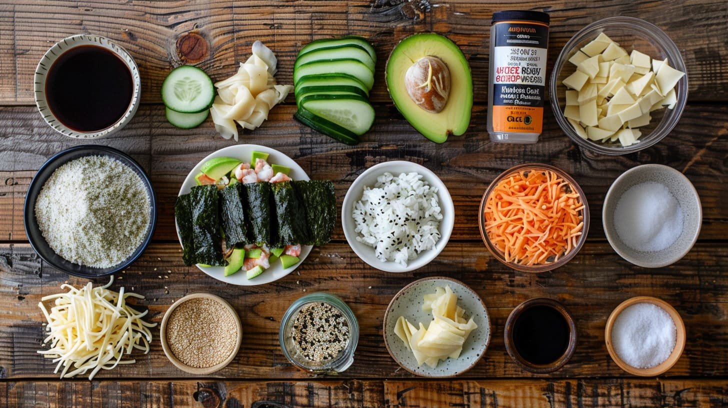 Ingredients for baked sushi recipe, including sushi rice, crab meat, shrimp, avocado, cucumber, mayonnaise, and nori sheets, arranged on a wooden kitchen counter.