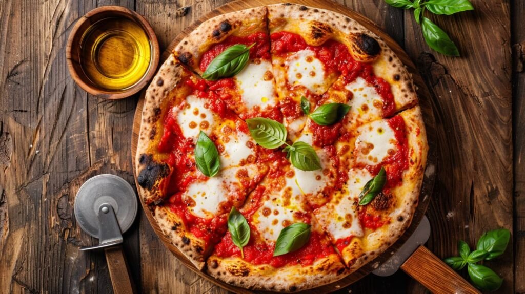 Freshly baked Italian Pizza Margherita on a wooden board, featuring a golden-brown crust, melted mozzarella, tomato sauce, and fresh basil leaves.