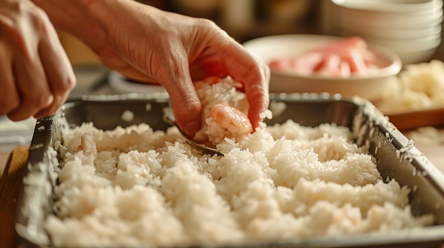 Sushi rice being pressed into a baking dish as the first step of assembling the baked sushi recipe before adding the seafood filling.