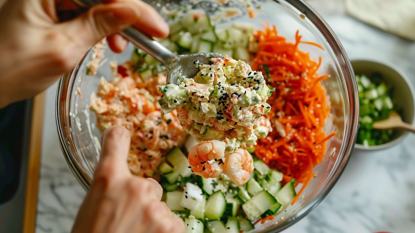 Seafood filling ingredients for the baked sushi recipe, including crab, shrimp, mayonnaise, avocado, and cucumber, mixed in a bowl.