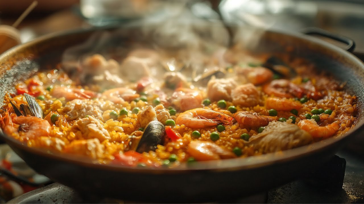 Spanish paella recipe in its final cooking stage, with saffron rice and seafood like shrimp and mussels, simmering in the pan.