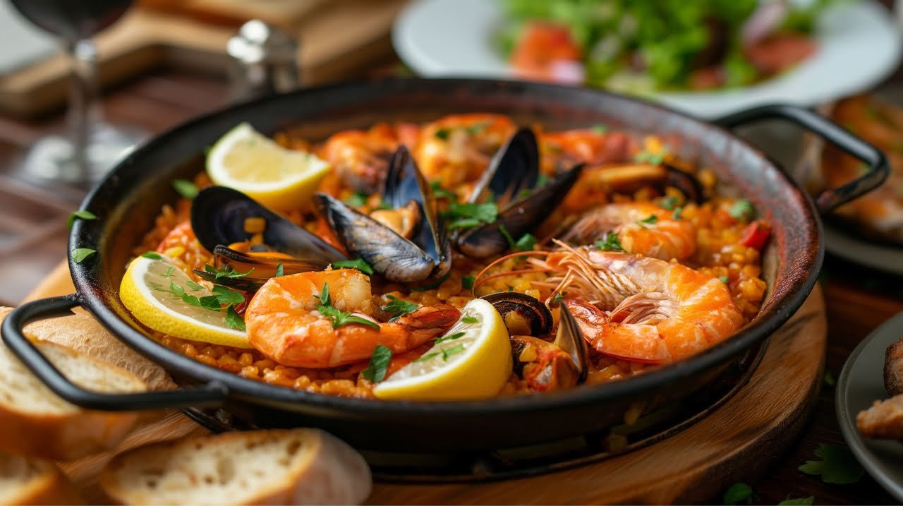 A perfectly cooked traditional Spanish paella recipe, garnished with lemon wedges and fresh herbs, served in a paella pan.