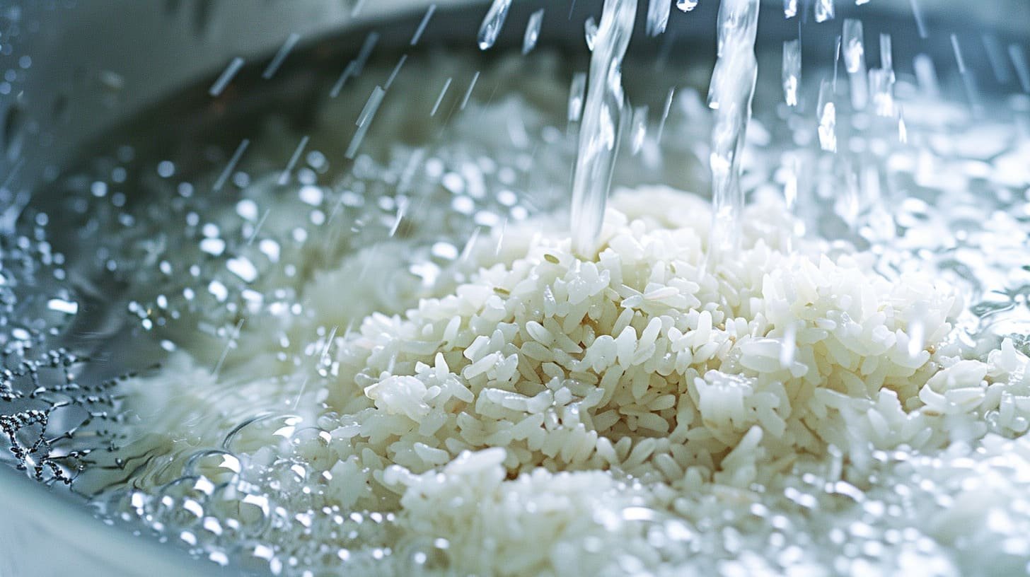 Sushi rice being rinsed under cold water, an essential step in the baked sushi recipe to ensure perfect rice texture.