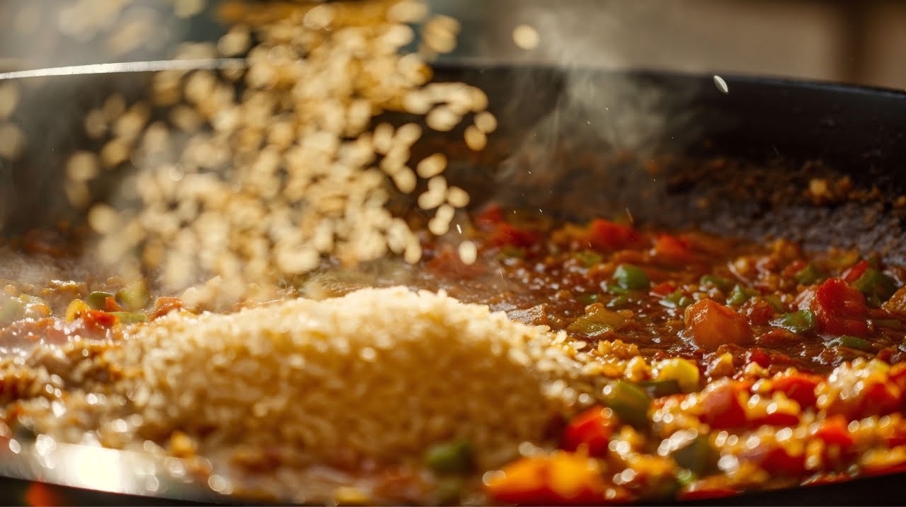 Bomba rice being added to the sofrito mixture for a Spanish paella recipe, evenly spread across the pan, ready to absorb rich flavors.