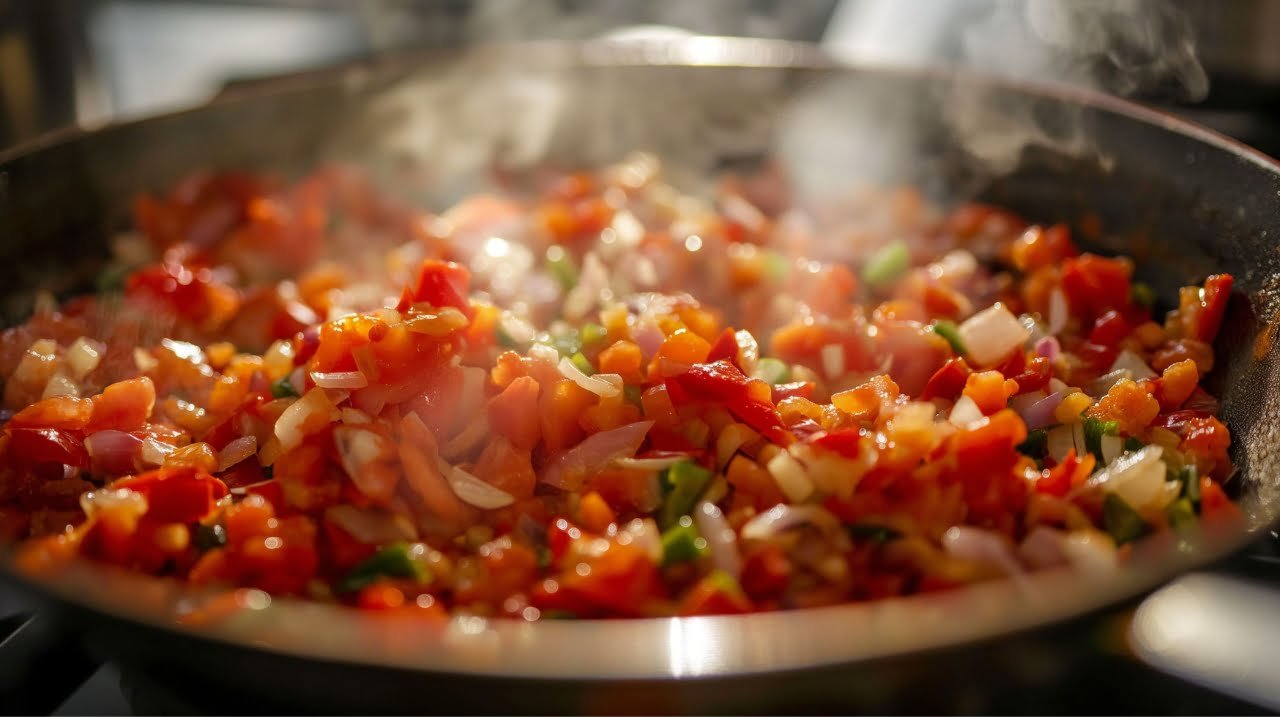 Sofrito cooking in a paella pan, the essential base for a traditional paella recipe, with garlic, onions, tomatoes, and bell peppers sautéed in olive oil.