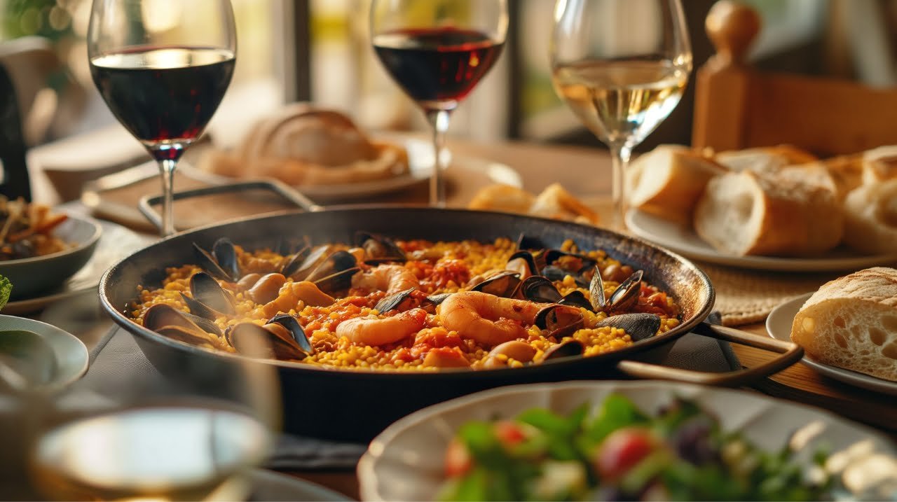 A dinner table featuring a Spanish paella recipe as the main dish, with green salad, rustic bread, and wine, ready for a festive meal.