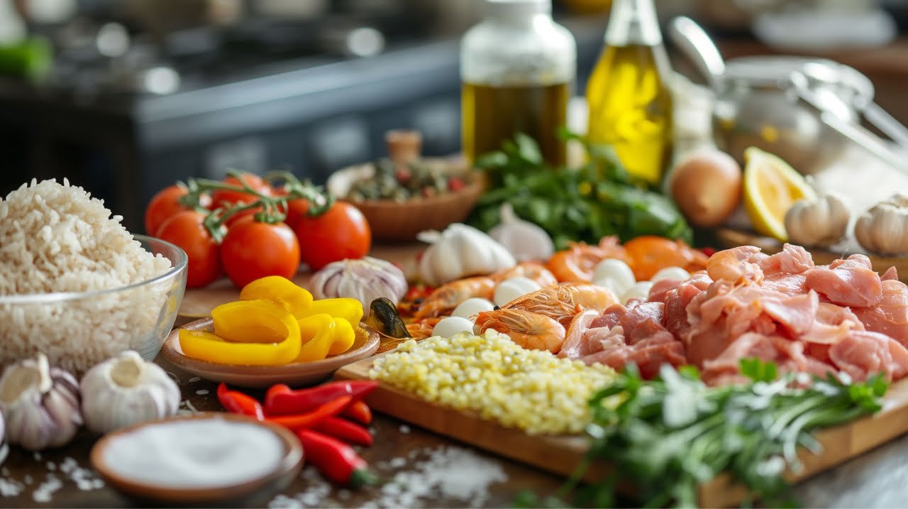 Fresh ingredients for a traditional Spanish paella recipe, including Bomba rice, saffron, garlic, chicken, seafood, and olive oil, arranged on a kitchen table.